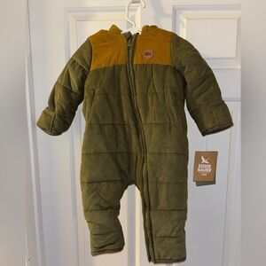 NWT Retail $59. Eddie Bauer KIDS size 6/9 M. Olive and Tan Infant Snowsuit